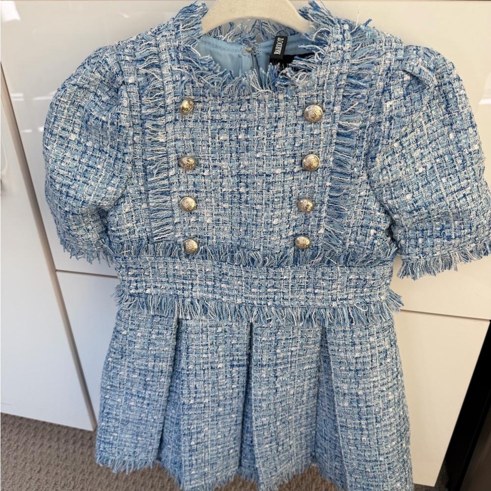 Blue Tweed Double-Breasted Dress